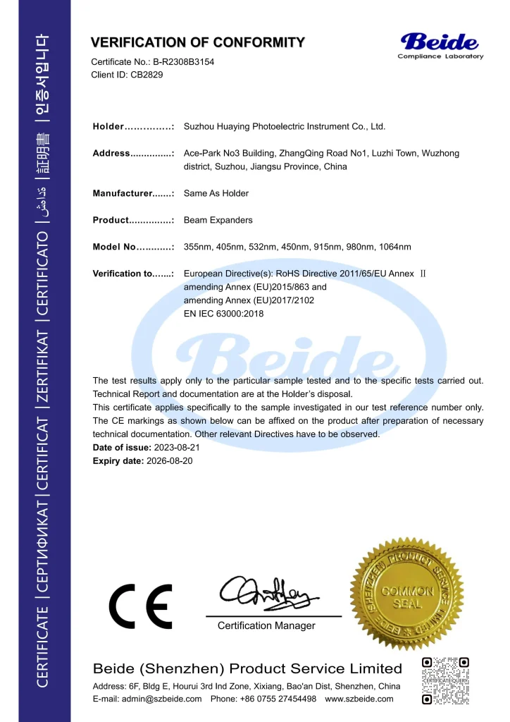 B3154 ROHS Certificate Beam Expanders